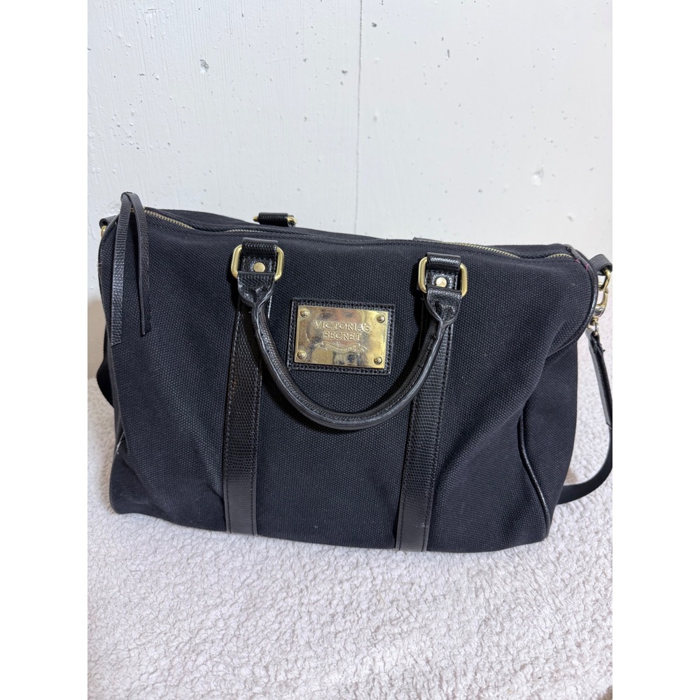 Victoria's Secret Duffel Bag Women OS Black Canvas Faux Leather Y2K Travel Tote
